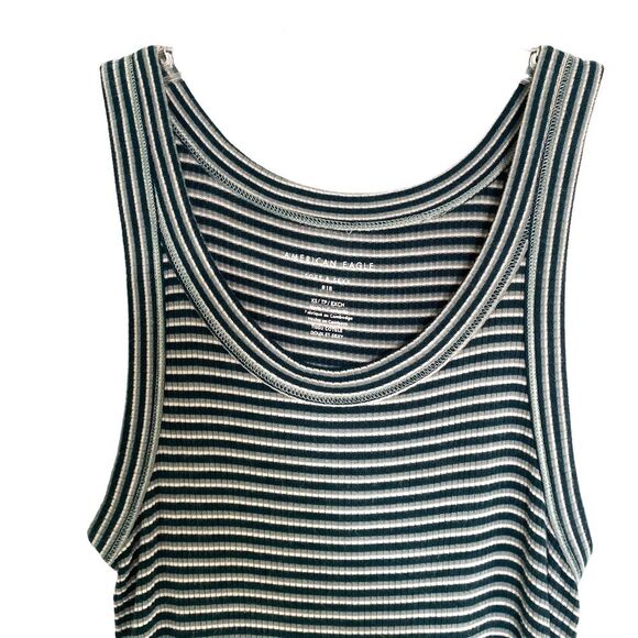 American Eagle Green Gray Striped Retro Fitted Knit Sleeveless Tank Top Size XS - Picture 2 of 3